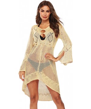 Sexy Boho Beach Summer Womens Crochet Lace Beach Cover Ups Long Sleeves Swimwear Cover Up Dress - Beige - CY18TC9NDZL $23.65-...