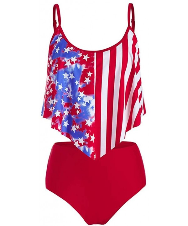 Women's Tankini Set Swimwear American Flag Swimsuit Two Piece Tummy Control Shorts Beachwear Bathing Suit - Red1 - CX190MLDWT...