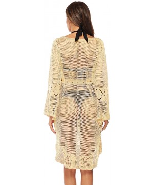 Sexy Boho Beach Summer Womens Crochet Lace Beach Cover Ups Long Sleeves Swimwear Cover Up Dress - Beige - CY18TC9NDZL $23.65-...