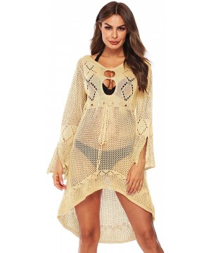 Sexy Boho Beach Summer Womens Crochet Lace Beach Cover Ups Long Sleeves Swimwear Cover Up Dress - Beige - CY18TC9NDZL $23.65-...