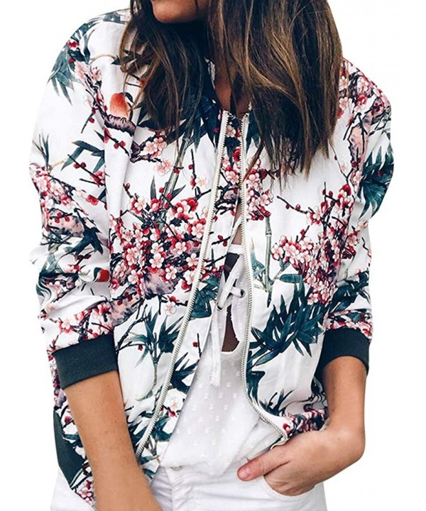 Women Retro Floral Zipper Bomber Jacket Long Sleeve Casual Chic Coat Streetwear - Blue - CM18HSI6DUC $15.41-Tankinis