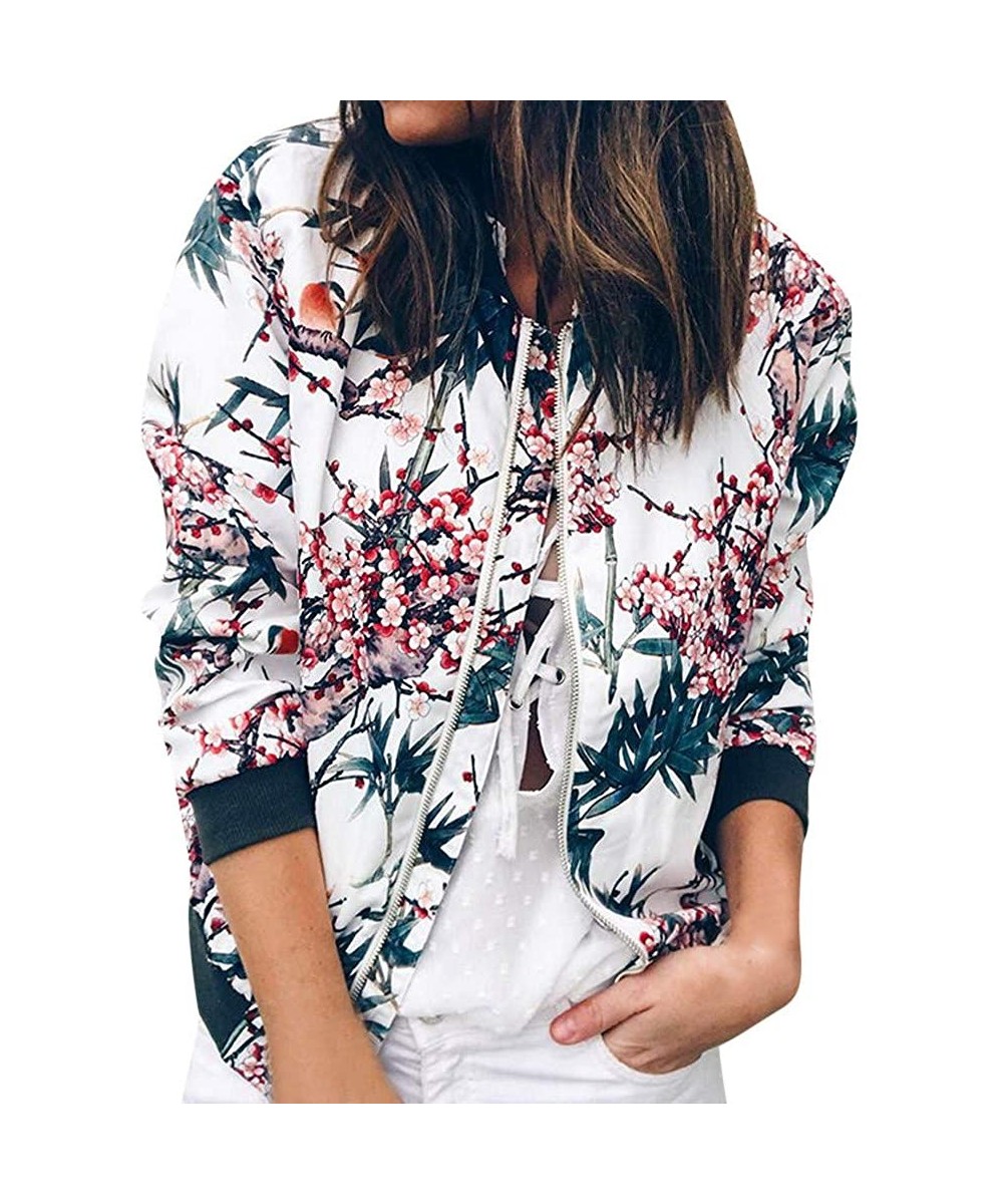 Women Retro Floral Zipper Bomber Jacket Long Sleeve Casual Chic Coat Streetwear - Blue - CM18HSI6DUC $15.41-Tankinis