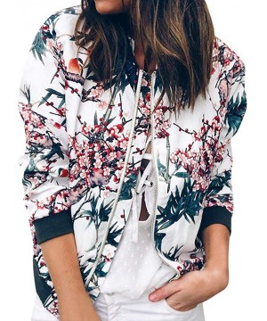 Women Retro Floral Zipper Bomber Jacket Long Sleeve Casual Chic Coat Streetwear - Blue - CM18HSI6DUC $15.41-Tankinis