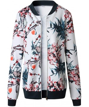 Women Retro Floral Zipper Bomber Jacket Long Sleeve Casual Chic Coat Streetwear - Blue - CM18HSI6DUC $15.41-Tankinis