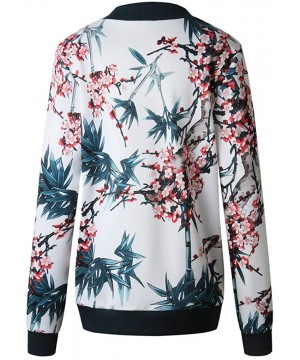 Women Retro Floral Zipper Bomber Jacket Long Sleeve Casual Chic Coat Streetwear - Blue - CM18HSI6DUC $15.41-Tankinis