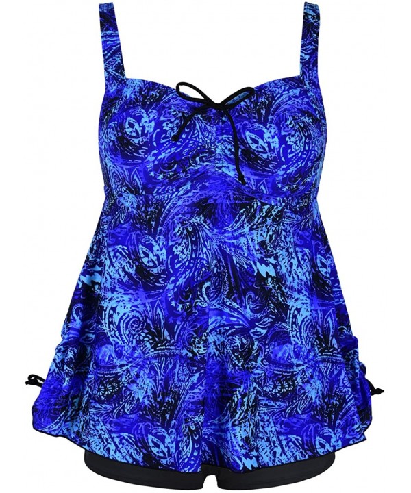 Women's Plus Size Swimwear Floral Tankini Set Drawtring Modest Two Piece Swimsuit - Swirl Blue - CC187INRI2S $29.54-Sets