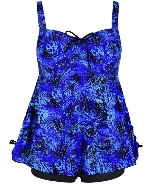 Women's Plus Size Swimwear Floral Tankini Set Drawtring Modest Two Piece Swimsuit - Swirl Blue - CC187INRI2S $29.54-Sets