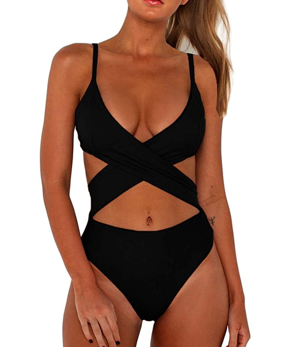 Women's Sexy Criss Cross High Waisted Cut Out One Piece Monokini Swimsuit - Black - CL18NLRYZNU $29.74-Sets