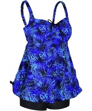 Women's Plus Size Swimwear Floral Tankini Set Drawtring Modest Two Piece Swimsuit - Swirl Blue - CC187INRI2S $29.54-Sets