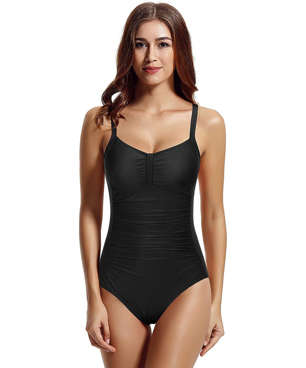 Women's Tummy Control Ruched One Piece Swimsuit - Black - CE192KYI22Z $14.73-One-Pieces