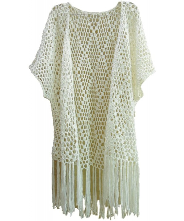 Fringe Kimono Cardigan Crochet Bikini Cover up Womens Summer Beachwear Ivory - C711WQ4TC6D $38.16-Cover-Ups