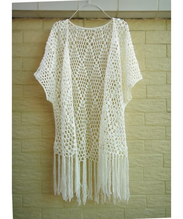 Fringe Kimono Cardigan Crochet Bikini Cover up Womens Summer Beachwear Ivory - C711WQ4TC6D $38.16-Cover-Ups