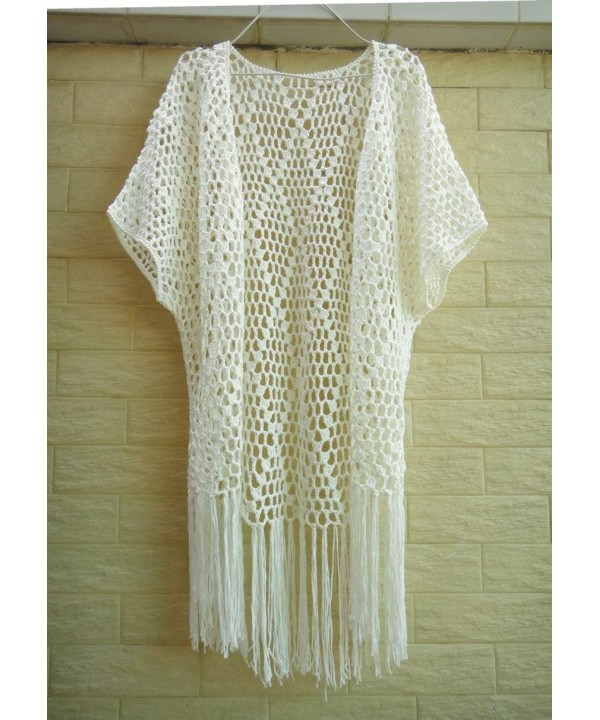 Fringe Kimono Cardigan Crochet Bikini Cover up Womens Summer Beachwear Ivory - C711WQ4TC6D $38.16-Cover-Ups