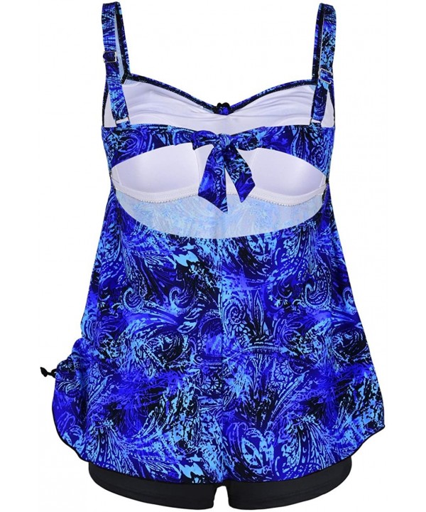 Women's Plus Size Swimwear Floral Tankini Set Drawtring Modest Two Piece Swimsuit - Swirl Blue - CC187INRI2S $29.54-Sets