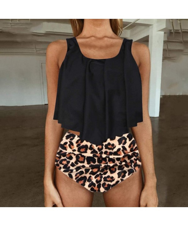 Bathing Suits for Women Plus Size Tankinis Swimwear High Waisted Leopard Print Swimsuit Bottom with Ruffled Top Black - CQ199...