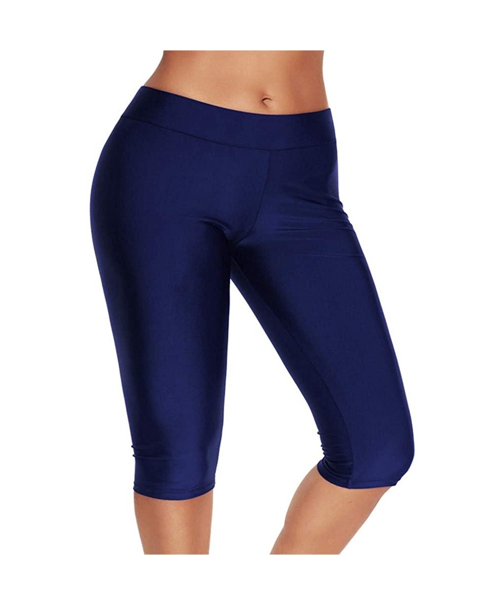 Womens Mid Waist Rash Guard Pants Crop Swim Leggings Unitard Tankini Capri - Navy - C818MHQSCX4 $21.92-Tankinis