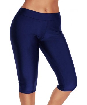 Womens Mid Waist Rash Guard Pants Crop Swim Leggings Unitard Tankini Capri - Navy - C818MHQSCX4 $21.92-Tankinis