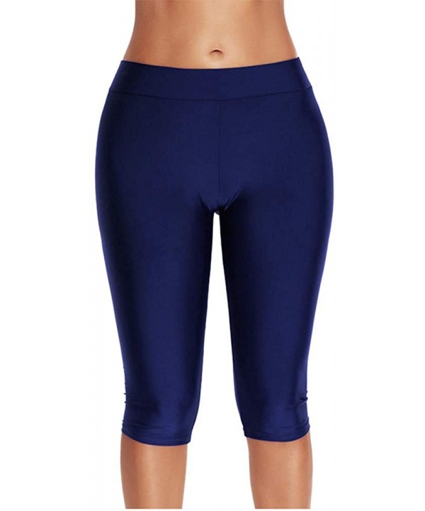 Womens Mid Waist Rash Guard Pants Crop Swim Leggings Unitard Tankini Capri - Navy - C818MHQSCX4 $21.92-Tankinis