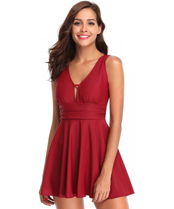 Women's Sexy One Piece Skirt Swimsuit Ruched Retro Swimdress Suits - Wine Red - CB18EED6KXM $36.51-One-Pieces