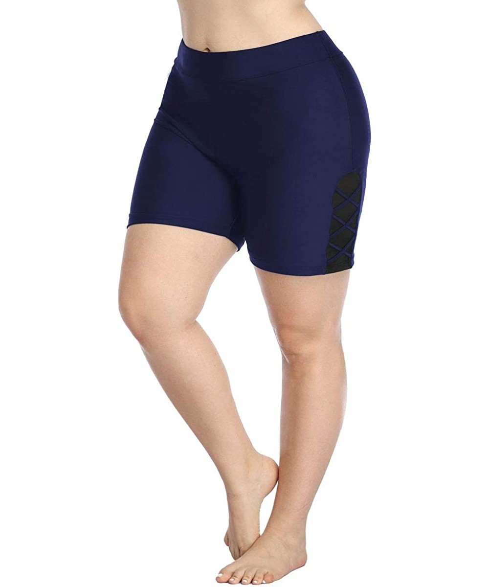 Women Plus Size Swim Shorts High Waist Board Shorts Stretchy Swimsuit Bottoms - Navy With Strappy Lace Side - CC194OZI9CG $20...