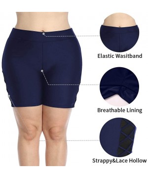 Women Plus Size Swim Shorts High Waist Board Shorts Stretchy Swimsuit Bottoms - Navy With Strappy Lace Side - CC194OZI9CG $20...