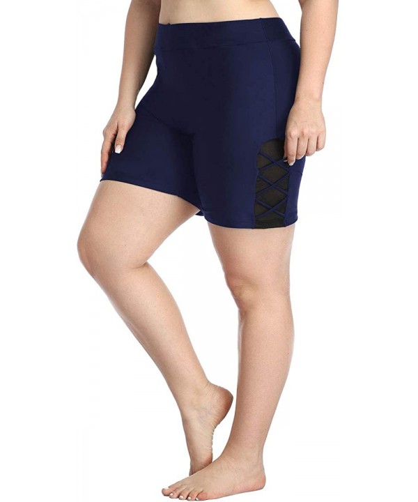 Women Plus Size Swim Shorts High Waist Board Shorts Stretchy Swimsuit Bottoms - Navy With Strappy Lace Side - CC194OZI9CG $20...