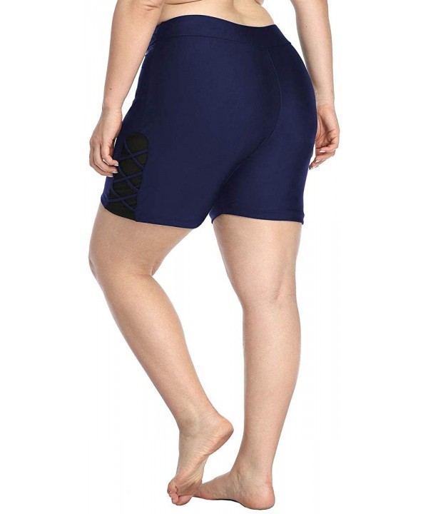 Women Plus Size Swim Shorts High Waist Board Shorts Stretchy Swimsuit Bottoms - Navy With Strappy Lace Side - CC194OZI9CG $20...