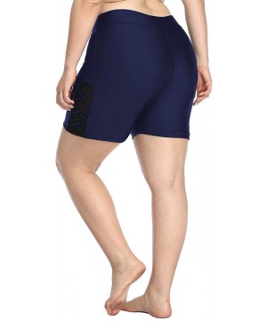 Women Plus Size Swim Shorts High Waist Board Shorts Stretchy Swimsuit Bottoms - Navy With Strappy Lace Side - CC194OZI9CG $20...