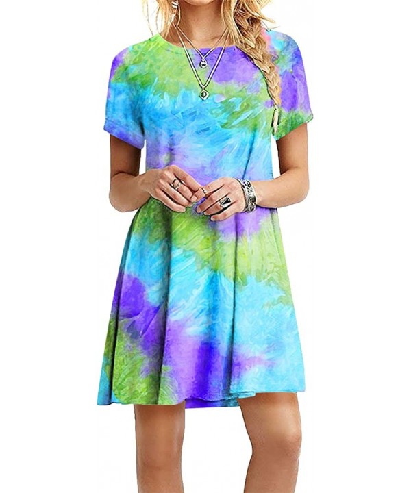 Women's Casual Tie Dye Printed T Shirt Dress Summer Crewneck Swing Beach Dress - Light Green - CU19CGZ8OZX $21.63-Cover-Ups