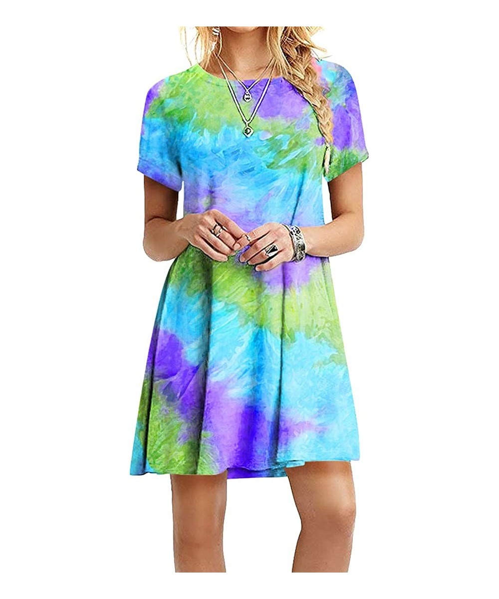 Women's Casual Tie Dye Printed T Shirt Dress Summer Crewneck Swing Beach Dress - Light Green - CU19CGZ8OZX $21.63-Cover-Ups