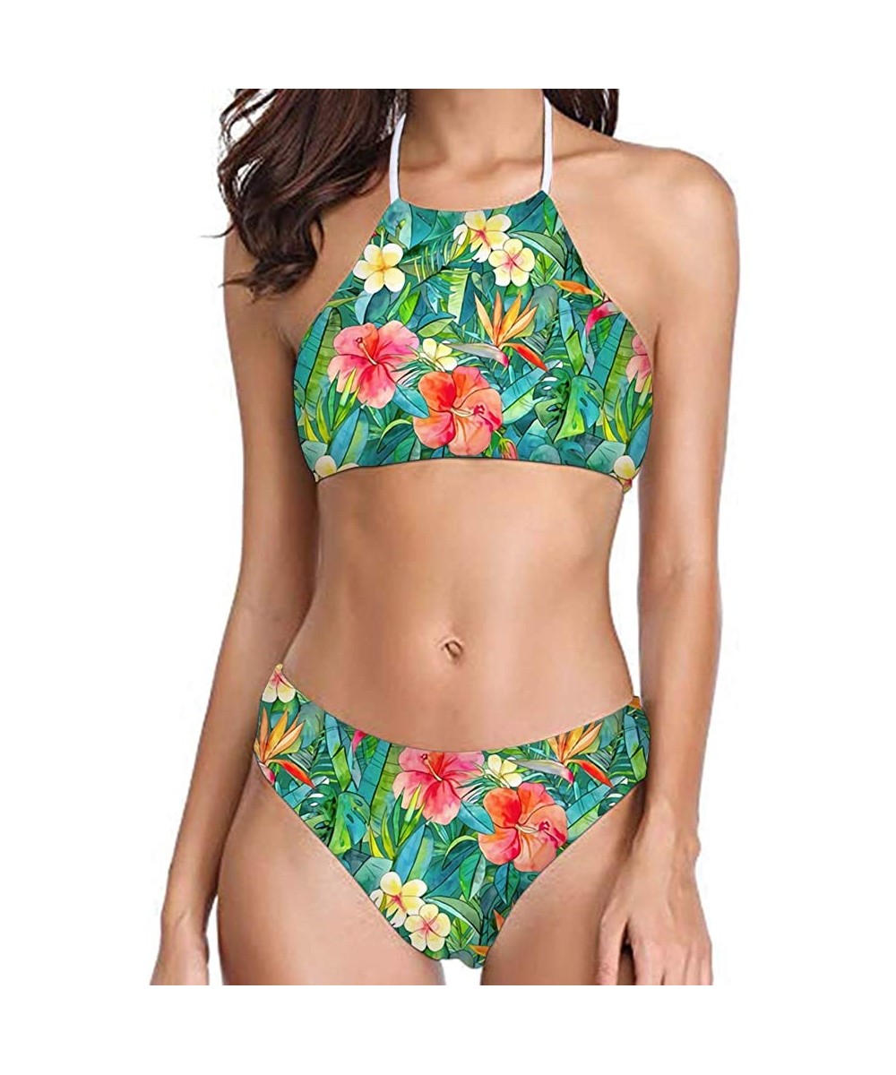 Womens Forest Palm Leaves Sunflower Printing High Neck Halter Bikini Set Swimsuit XS-2XL - Pattern-32 - CU194RZMAM7 $26.57-On...