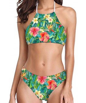 Womens Forest Palm Leaves Sunflower Printing High Neck Halter Bikini Set Swimsuit XS-2XL - Pattern-32 - CU194RZMAM7 $26.57-On...