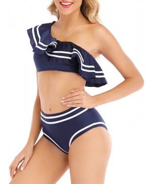 Women 2 Piece Vintage Navy Flounce One Shoulder Crop Top with High Waist Bottom Bikini Set Swimwear Swimsuit Blue - CH18R69MC...