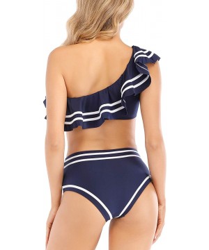 Women 2 Piece Vintage Navy Flounce One Shoulder Crop Top with High Waist Bottom Bikini Set Swimwear Swimsuit Blue - CH18R69MC...