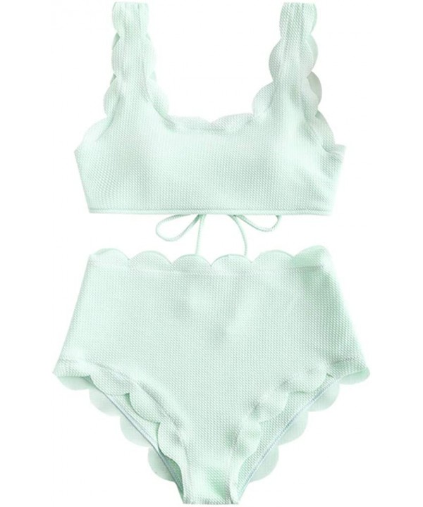 Women's Two-Piece Lace-up Scalloped Textured High Waisted Padded Wire Free Bikini Set Swimsuit Set - Green - CN199HAS9UH $22....