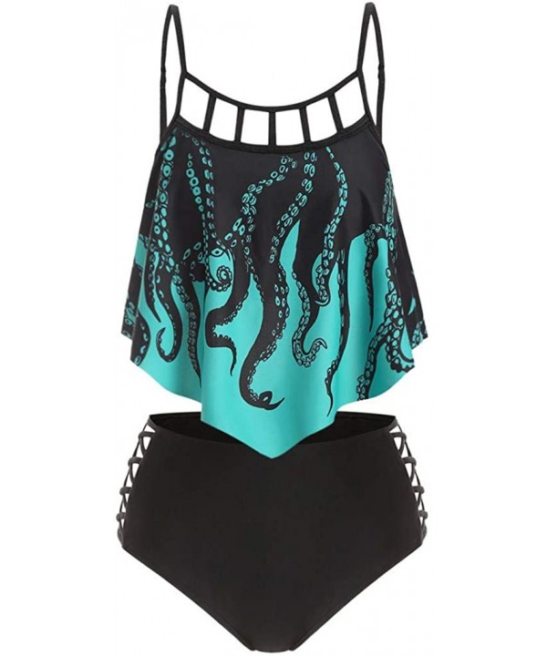 Swimsuits for Women 2020 Two Piece Bathing Suits Ruffled Flounce Top with High Waisted Bottom Bikini Set Octopus Green - C719...