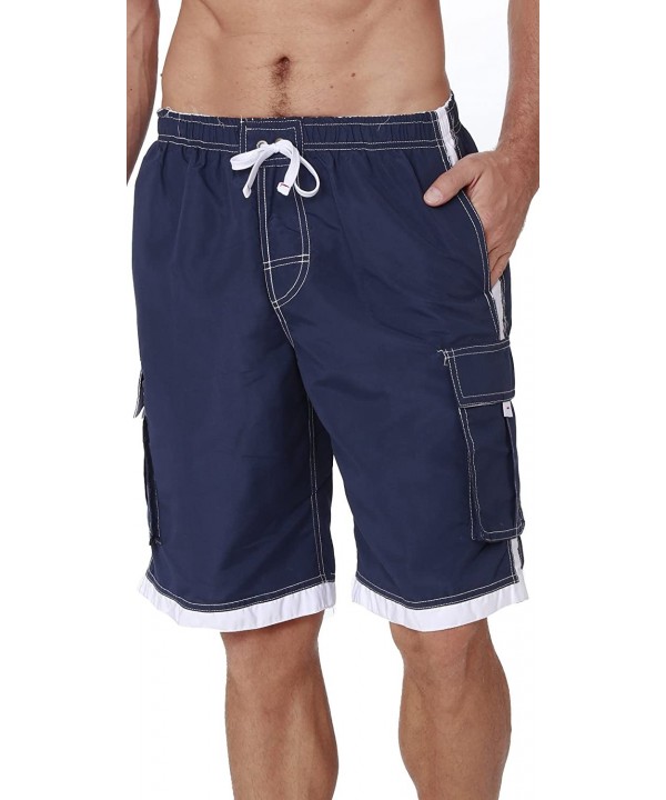 Men's Quick Dry Swim Trunks Cargo Water Shorts with Mesh Lining - Solid Navy Blue - CL188CDOGNS $19.53-Trunks