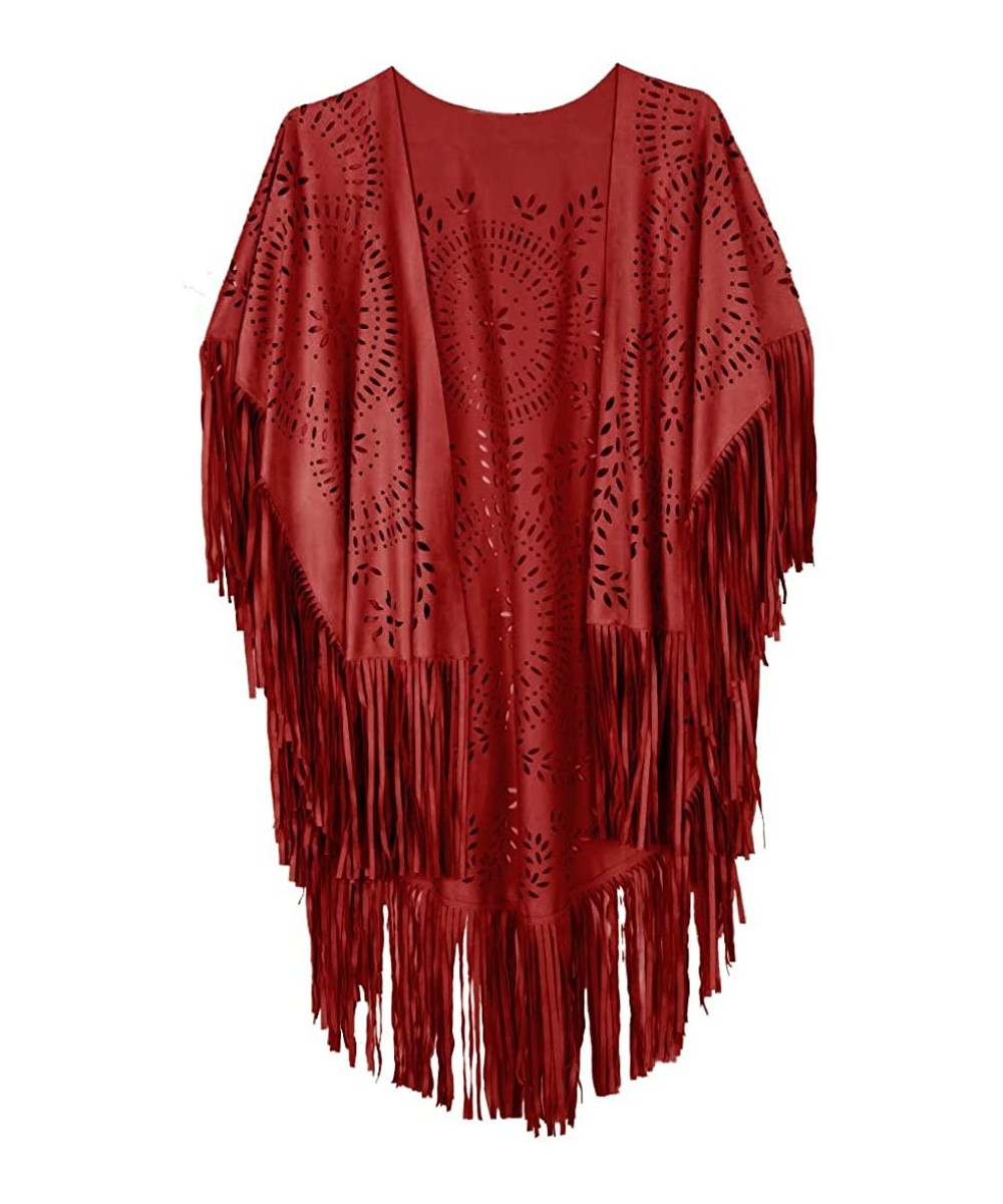 Women's Faux Suede Kimono Cape Fringed Asymmetric Cover up Shawl - Red - CM18SMATTSK $24.69-Cover-Ups