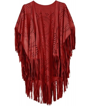 Women's Faux Suede Kimono Cape Fringed Asymmetric Cover up Shawl - Red - CM18SMATTSK $24.69-Cover-Ups