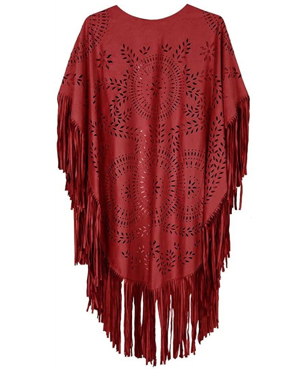 Women's Faux Suede Kimono Cape Fringed Asymmetric Cover up Shawl - Red - CM18SMATTSK $24.69-Cover-Ups