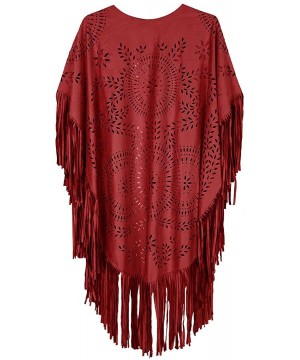 Women's Faux Suede Kimono Cape Fringed Asymmetric Cover up Shawl - Red - CM18SMATTSK $24.69-Cover-Ups