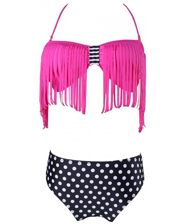 Womens Bikini Swimsuits Two Piece Halter Bathing Suit with Tassel Trim - Purple Polka Dot - CS18X59N20N $13.90-Sets