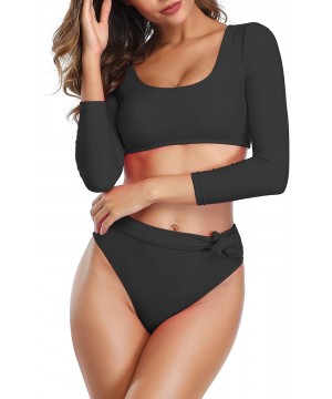 Womens Swimsuits Crop Top High Waisted Bikini Set Rash Guard Bathingsuit Long Sleeve Swimwear - Black Bikini - CF194MEHH3S $2...