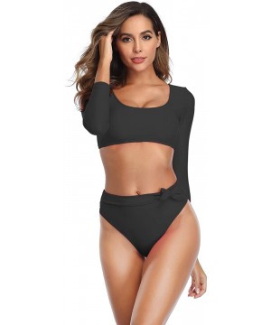 Womens Swimsuits Crop Top High Waisted Bikini Set Rash Guard Bathingsuit Long Sleeve Swimwear - Black Bikini - CF194MEHH3S $2...