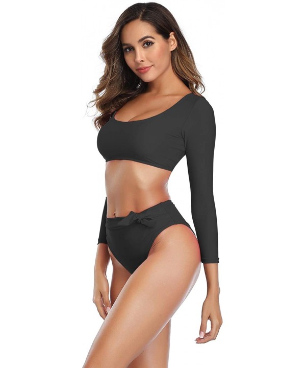 Womens Swimsuits Crop Top High Waisted Bikini Set Rash Guard Bathingsuit Long Sleeve Swimwear - Black Bikini - CF194MEHH3S $2...