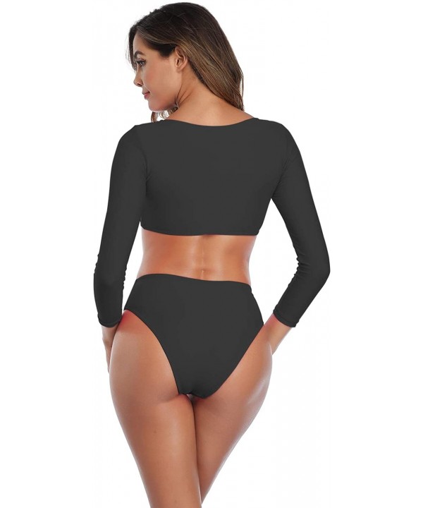 Womens Swimsuits Crop Top High Waisted Bikini Set Rash Guard Bathingsuit Long Sleeve Swimwear - Black Bikini - CF194MEHH3S $2...