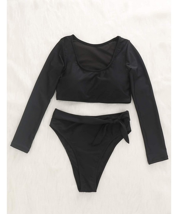 Womens Swimsuits Crop Top High Waisted Bikini Set Rash Guard Bathingsuit Long Sleeve Swimwear - Black Bikini - CF194MEHH3S $2...