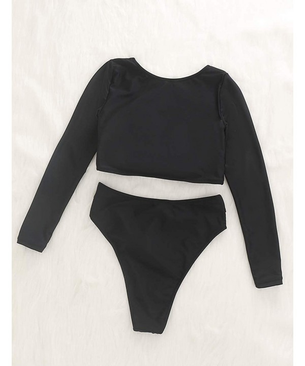 Womens Swimsuits Crop Top High Waisted Bikini Set Rash Guard Bathingsuit Long Sleeve Swimwear - Black Bikini - CF194MEHH3S $2...