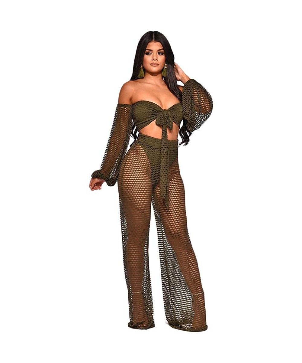 Women's Cover Ups Beach Outfits Beachwear Crop Tops See Through Off Shoulder Hollow Out Design Wide Leg Pants Set - Armygreen...