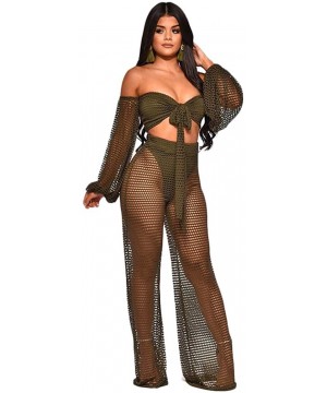 Women's Cover Ups Beach Outfits Beachwear Crop Tops See Through Off Shoulder Hollow Out Design Wide Leg Pants Set - Armygreen...